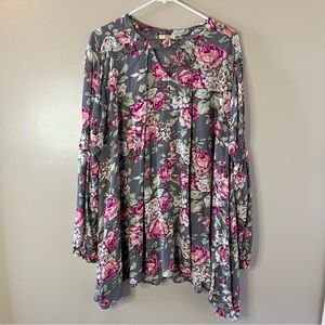 Kori America Womens Gray Floral Long Sleeve Blouse Boho Oversized Tunic …